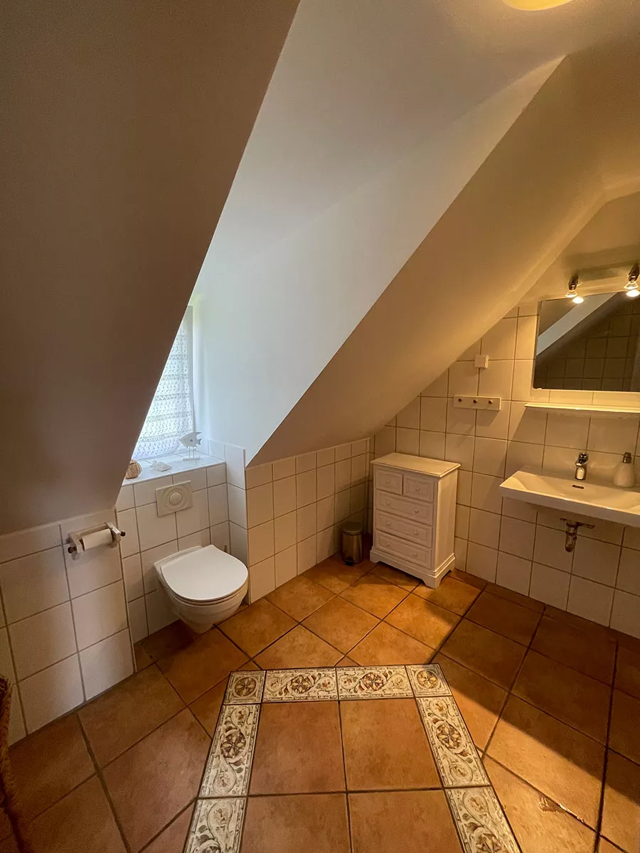 Ferienhaus Deichsonne – Badezimmer im Dachgeschoss mit WC und Waschbecken