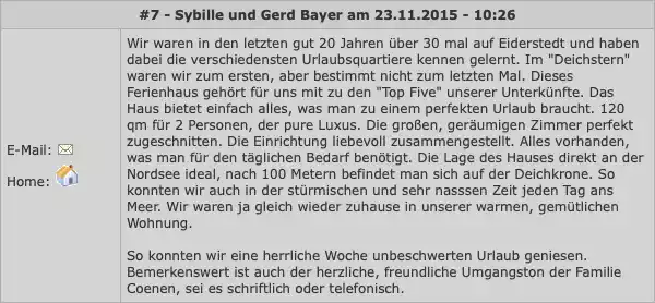 Bewertungen aus dem Gästebuch der Ferienhäuser